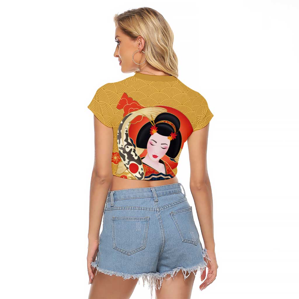 Japanese Geisha Koi Fish Raglan Cropped T Shirt Cherry Blossoms Yellow Seigaiha Pattern LT14 - Polynesian Pride