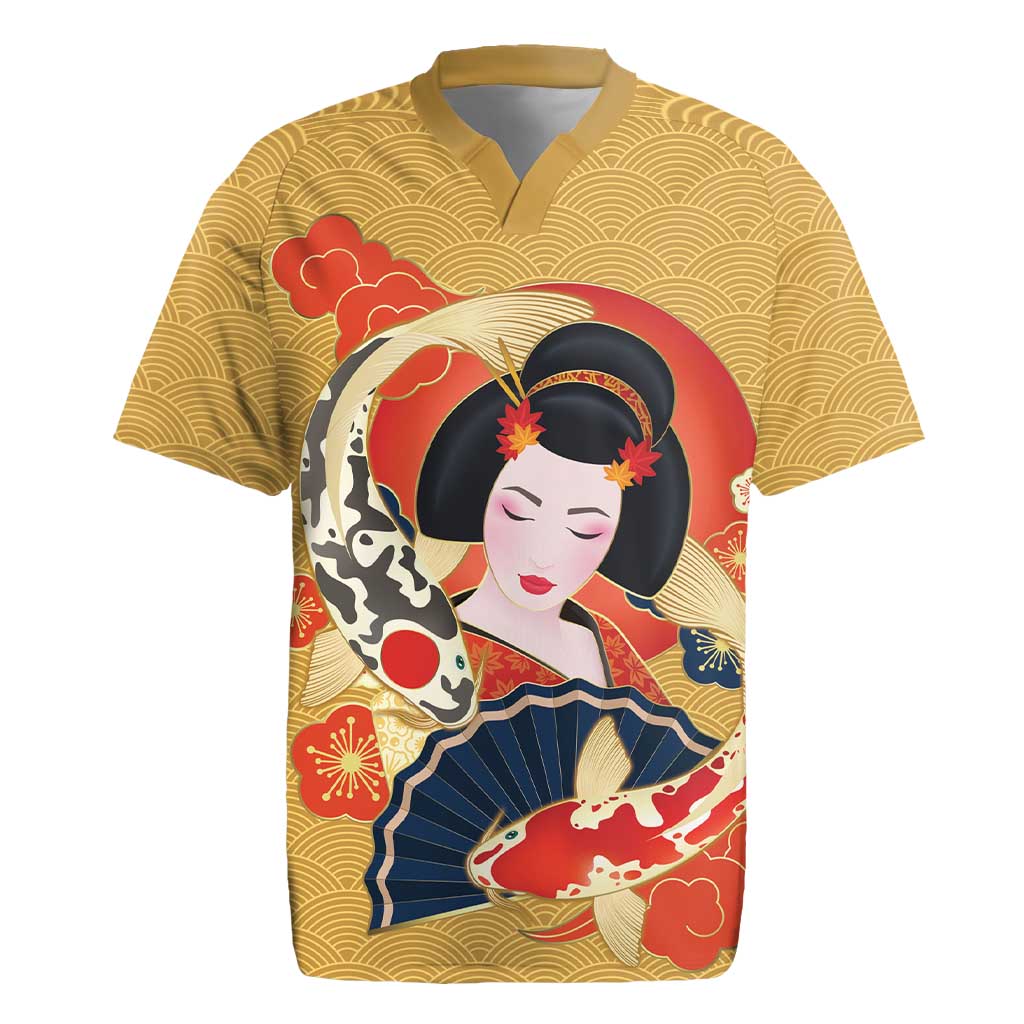 Japanese Geisha Koi Fish Rugby Jersey Cherry Blossoms Yellow Seigaiha Pattern LT14 Yellow - Polynesian Pride