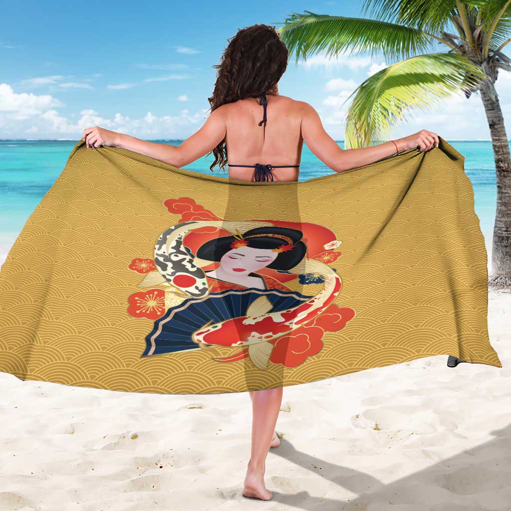 Japanese Geisha Koi Fish Sarong Cherry Blossoms Yellow Seigaiha Pattern - Polynesian Pride
