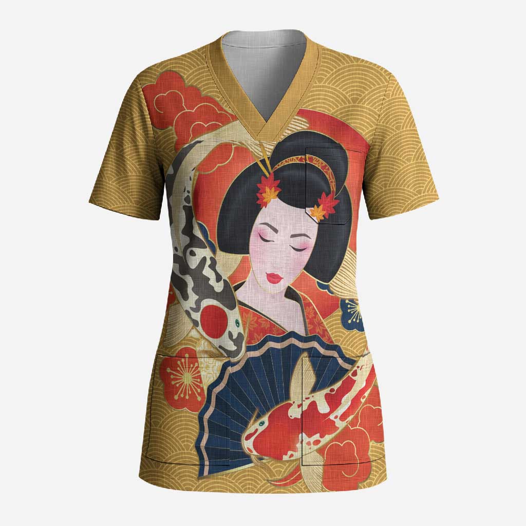 Japanese Geisha Koi Fish Scrub Top Cherry Blossoms Yellow Seigaiha Pattern LT14 Adult Yellow - Polynesian Pride