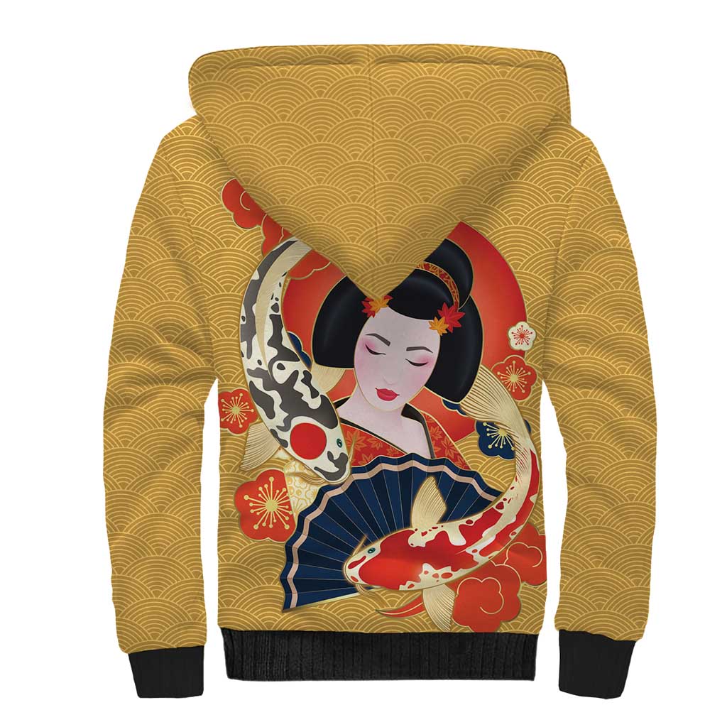 Japanese Geisha Koi Fish Sherpa Hoodie Cherry Blossoms Yellow Seigaiha Pattern LT14 - Polynesian Pride