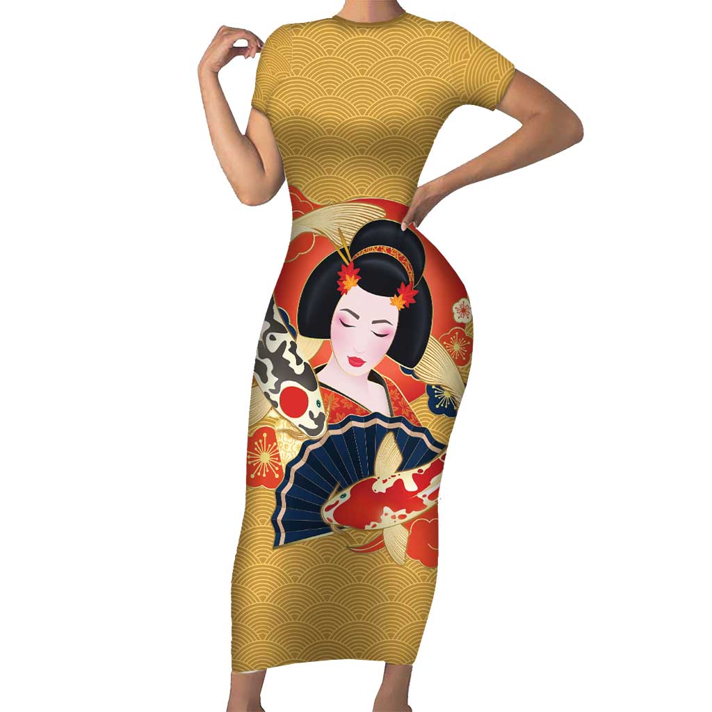 Japanese Geisha Koi Fish Short Sleeve Bodycon Dress Cherry Blossoms Yellow Seigaiha Pattern - Polynesian Pride