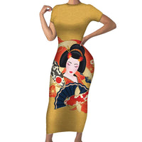 Japanese Geisha Koi Fish Short Sleeve Bodycon Dress Cherry Blossoms Yellow Seigaiha Pattern LT14 Long Dress Yellow - Polynesian Pride