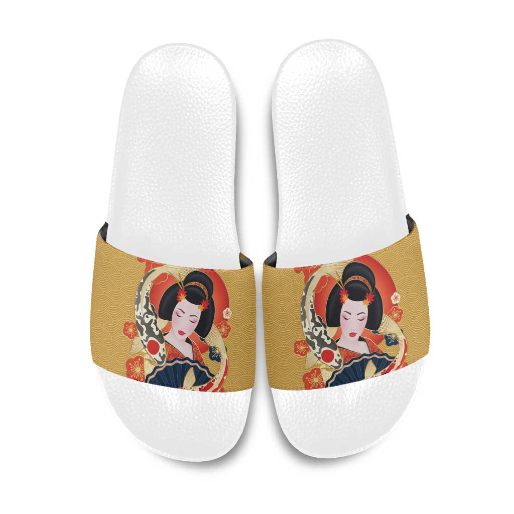 Japanese Geisha Koi Fish Slide Sandals Cherry Blossoms Yellow Seigaiha Pattern - Polynesian Pride