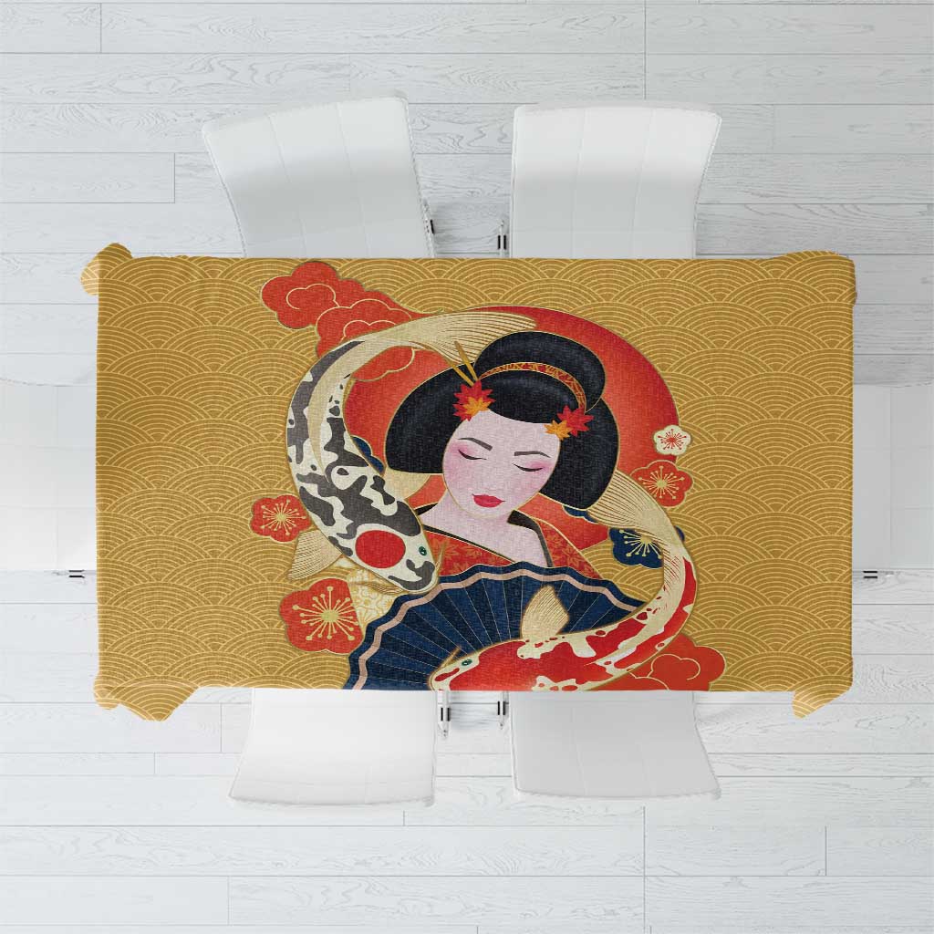 Japanese Geisha Koi Fish Tablecloth Cherry Blossoms Yellow Seigaiha Pattern - Polynesian Pride