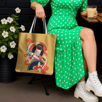 Japanese Geisha Koi Fish Tote Bag Cherry Blossoms Yellow Seigaiha Pattern - Polynesian Pride
