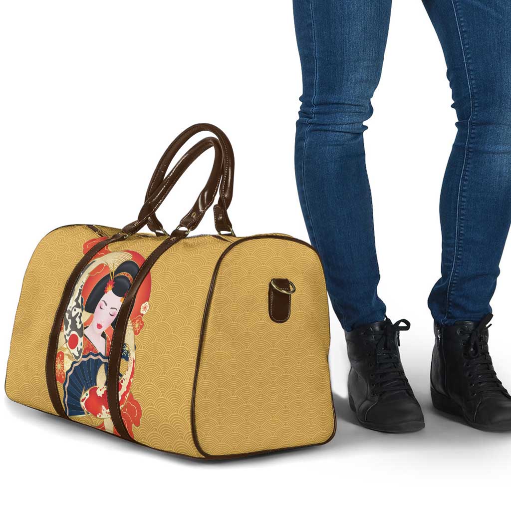 Japanese Geisha Koi Fish Travel Bag Cherry Blossoms Yellow Seigaiha Pattern - Polynesian Pride