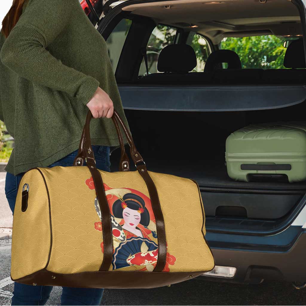 Japanese Geisha Koi Fish Travel Bag Cherry Blossoms Yellow Seigaiha Pattern - Polynesian Pride