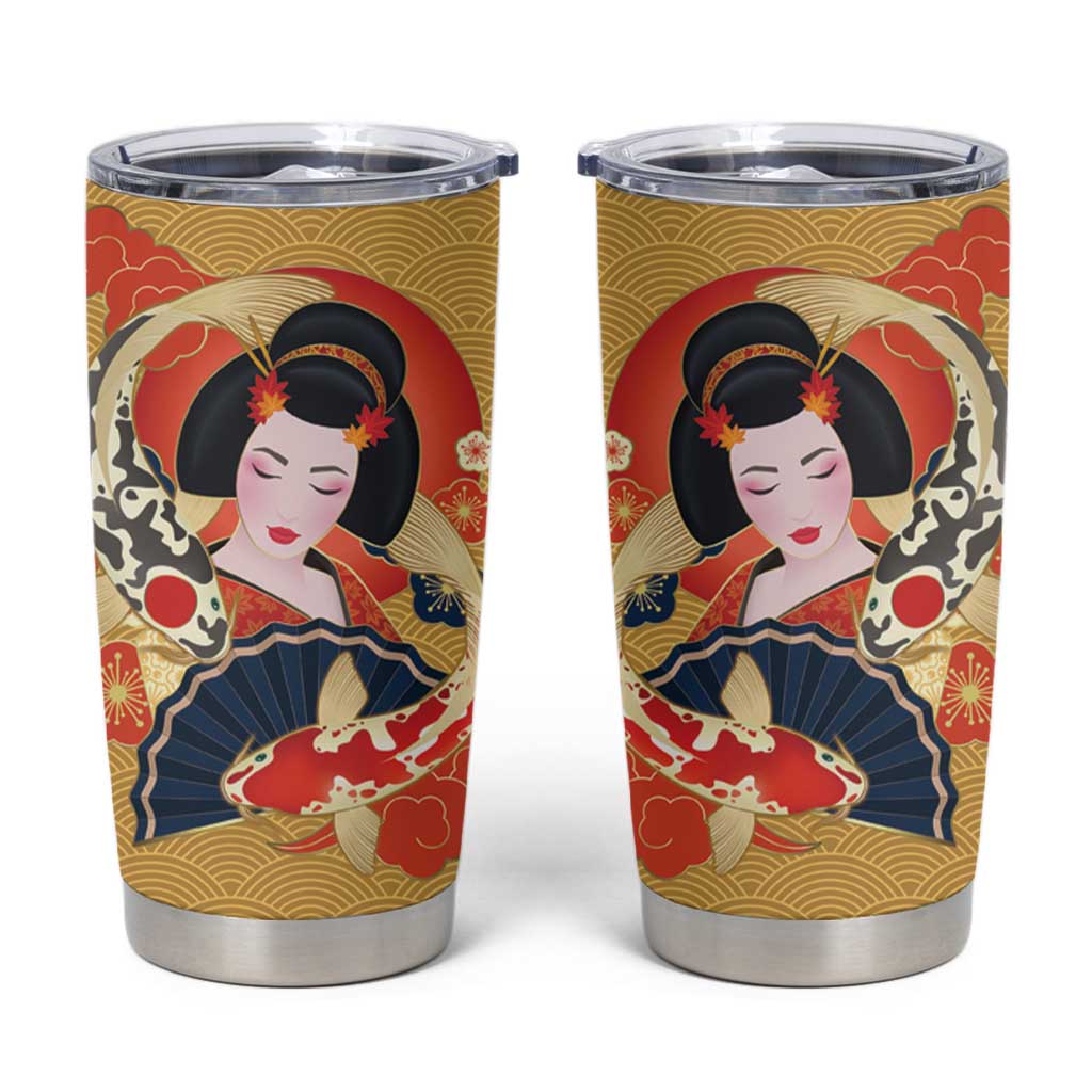 Japanese Geisha Koi Fish Tumbler Cup Cherry Blossoms Yellow Seigaiha Pattern LT14 Yellow - Polynesian Pride
