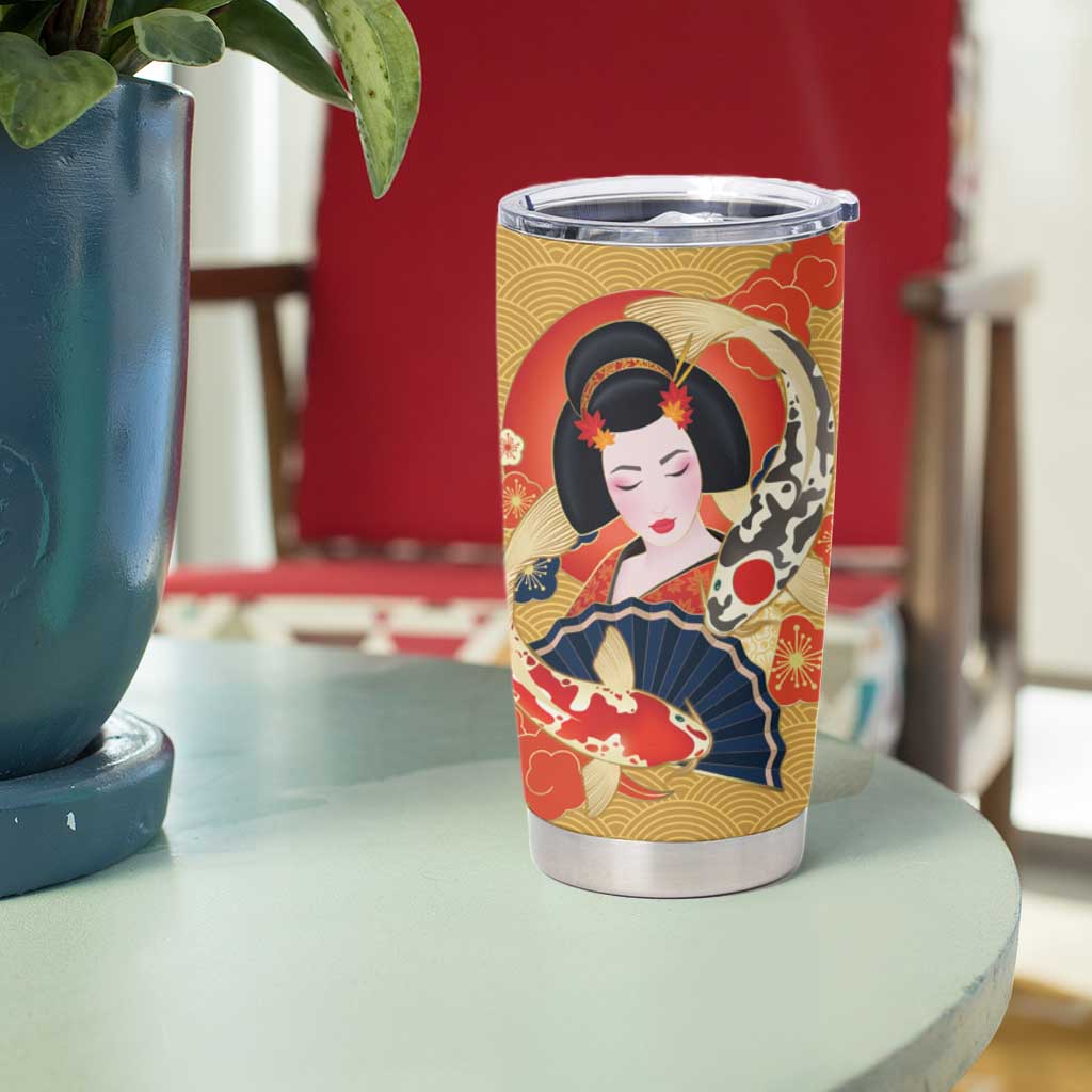 Japanese Geisha Koi Fish Tumbler Cup Cherry Blossoms Yellow Seigaiha Pattern LT14 - Polynesian Pride