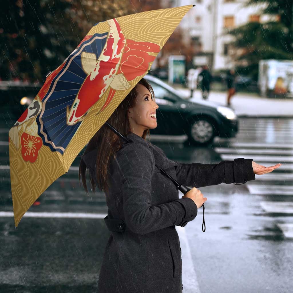 Japanese Geisha Koi Fish Umbrella Cherry Blossoms Yellow Seigaiha Pattern - Polynesian Pride