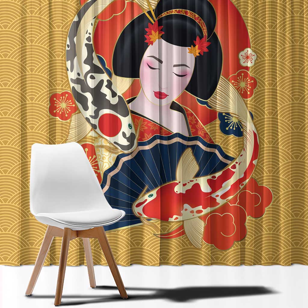 Japanese Geisha Koi Fish Window Curtain Cherry Blossoms Yellow Seigaiha Pattern - Polynesian Pride