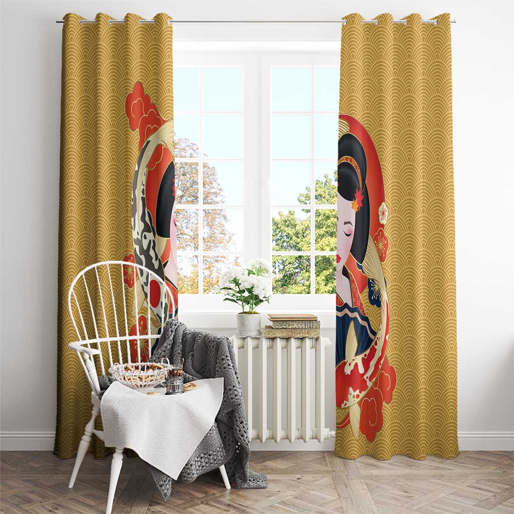 Japanese Geisha Koi Fish Window Curtain Cherry Blossoms Yellow Seigaiha Pattern - Polynesian Pride