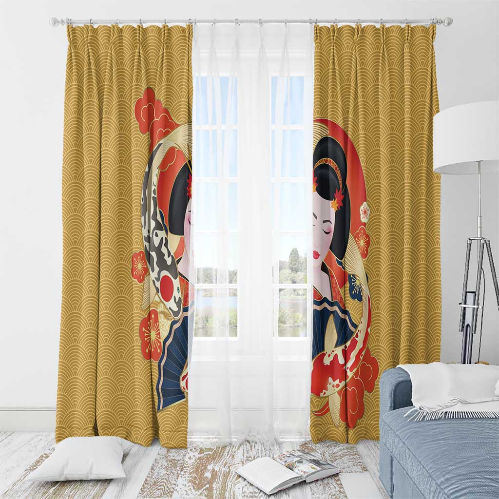 Japanese Geisha Koi Fish Window Curtain Cherry Blossoms Yellow Seigaiha Pattern - Polynesian Pride