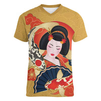 Japanese Geisha Koi Fish Women V-Neck T-Shirt Cherry Blossoms Yellow Seigaiha Pattern - Polynesian Pride