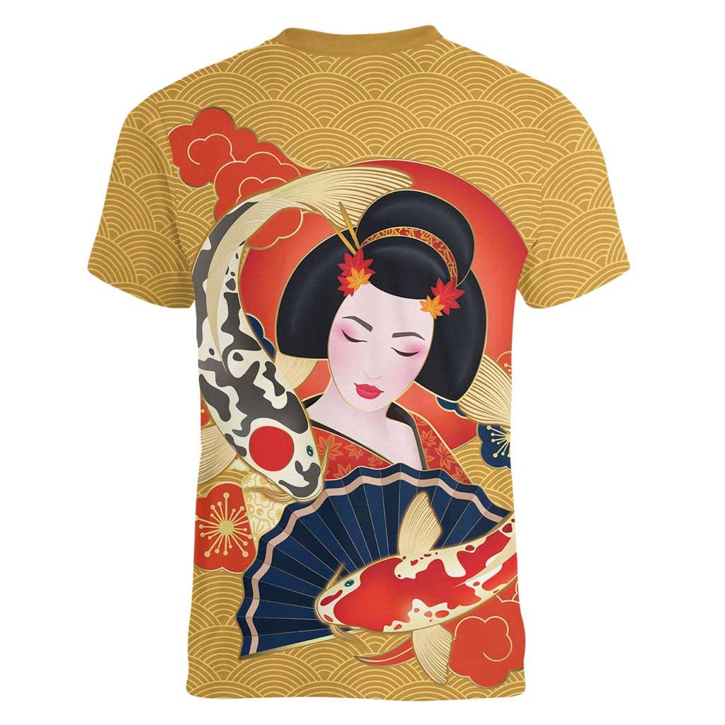 Japanese Geisha Koi Fish Women V-Neck T-Shirt Cherry Blossoms Yellow Seigaiha Pattern - Polynesian Pride