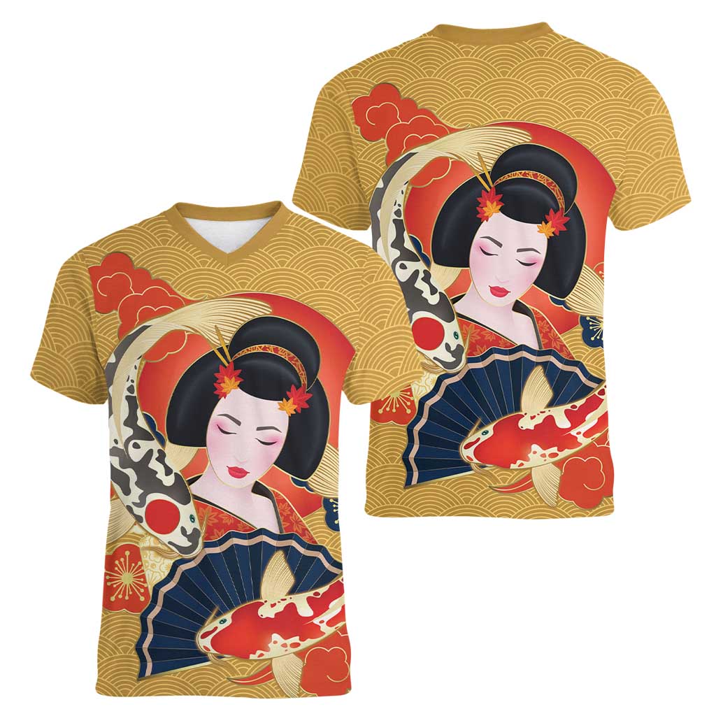 Japanese Geisha Koi Fish Women V-Neck T-Shirt Cherry Blossoms Yellow Seigaiha Pattern - Polynesian Pride