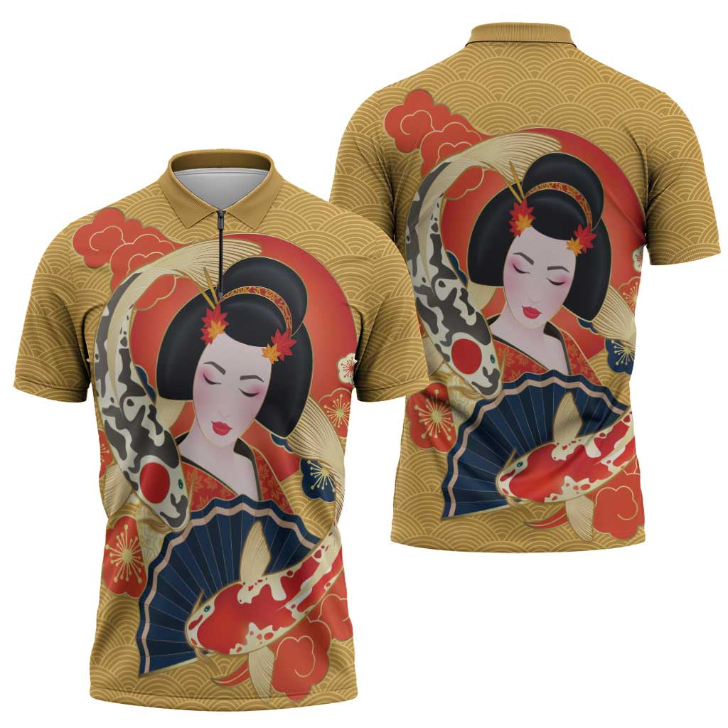 Japanese Geisha Koi Fish Zipper Polo Shirt Cherry Blossoms Yellow Seigaiha Pattern - Polynesian Pride