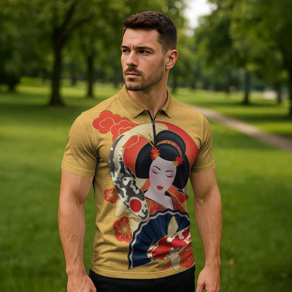 Japanese Geisha Koi Fish Zipper Polo Shirt Cherry Blossoms Yellow Seigaiha Pattern - Polynesian Pride