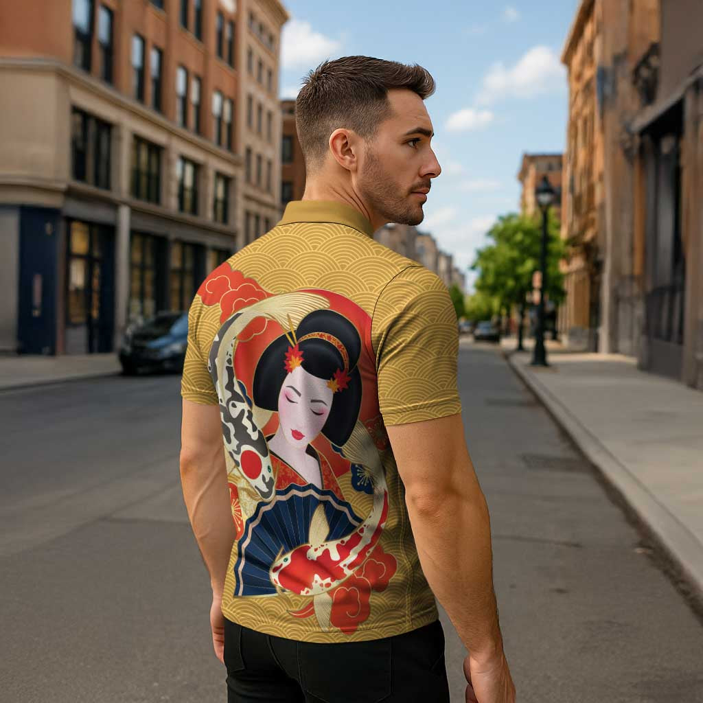 Japanese Geisha Koi Fish Zipper Polo Shirt Cherry Blossoms Yellow Seigaiha Pattern - Polynesian Pride