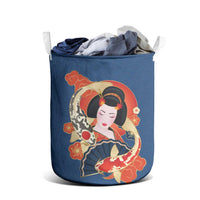 Japanese Geisha Koi Fish Laundry Basket Cherry Blossoms Blue Seigaiha Pattern - Polynesian Pride