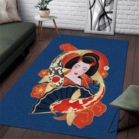 Japanese Geisha Koi Fish Area Rug Cherry Blossoms Blue Seigaiha Pattern - Polynesian Pride