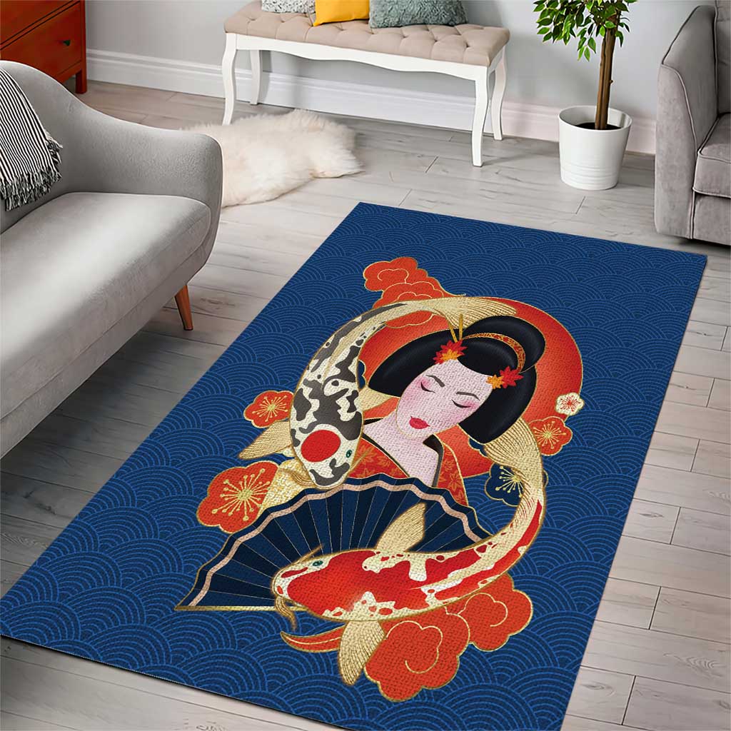 Japanese Geisha Koi Fish Area Rug Cherry Blossoms Blue Seigaiha Pattern - Polynesian Pride