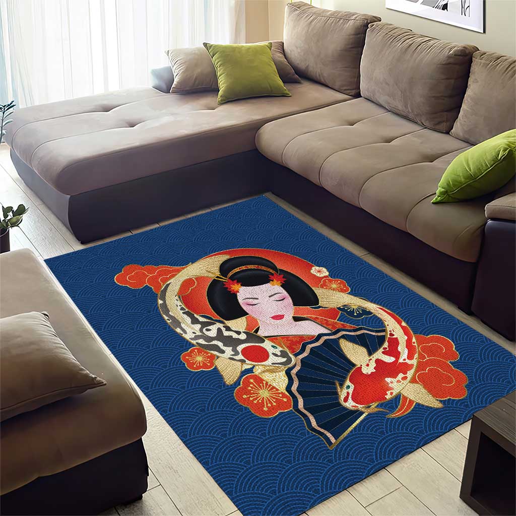 Japanese Geisha Koi Fish Area Rug Cherry Blossoms Blue Seigaiha Pattern - Polynesian Pride