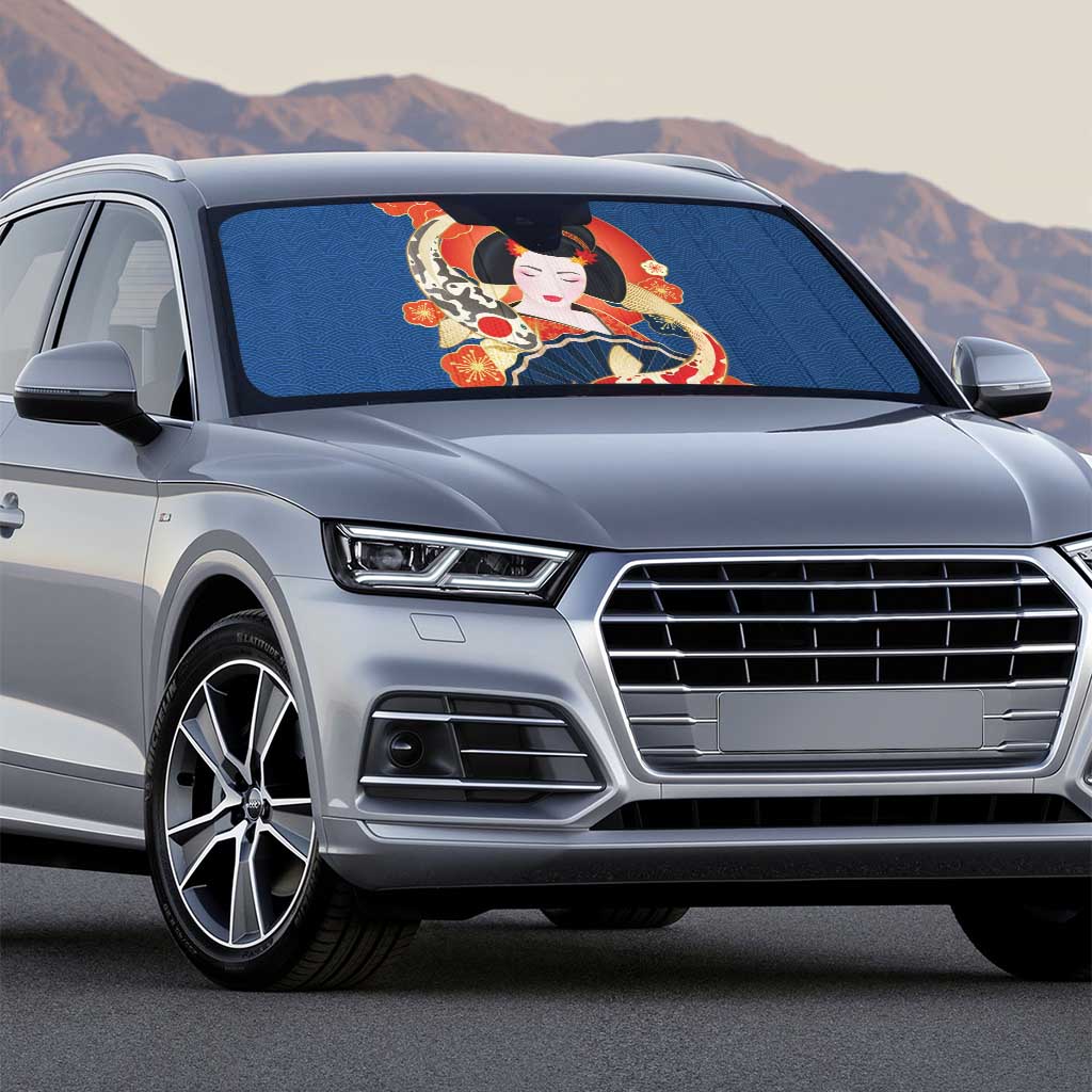 Japanese Geisha Koi Fish Auto Sun Shade Cherry Blossoms Blue Seigaiha Pattern - Polynesian Pride