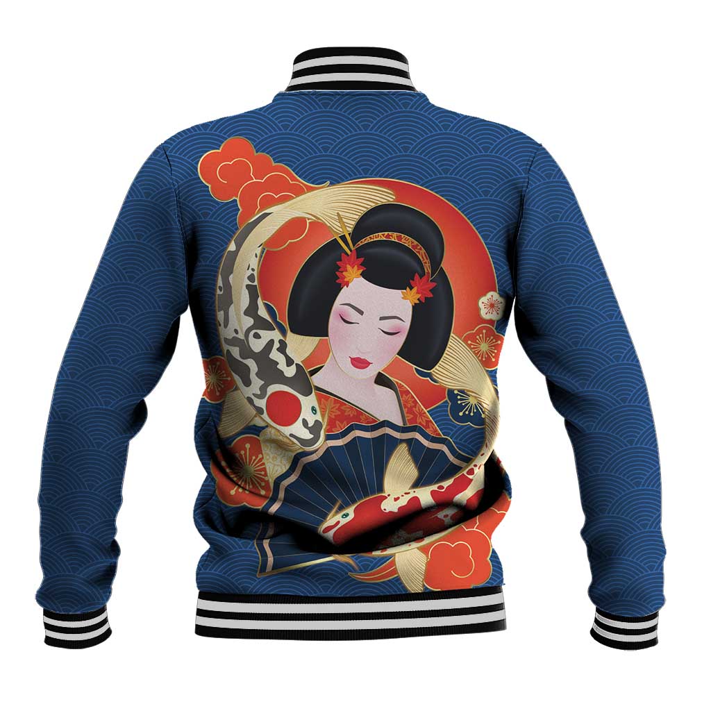Japanese Geisha Koi Fish Baseball Jacket Cherry Blossoms Blue Seigaiha Pattern - Polynesian Pride