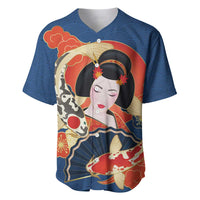 Japanese Geisha Koi Fish Baseball Jersey Cherry Blossoms Blue Seigaiha Pattern - Polynesian Pride