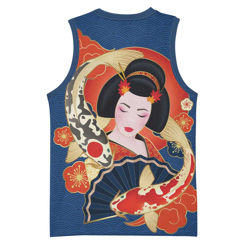 Japanese Geisha Koi Fish Basketball Jersey Cherry Blossoms Blue Seigaiha Pattern LT14 - Polynesian Pride