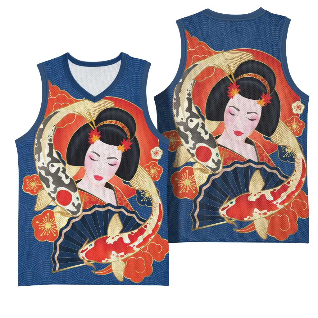 Japanese Geisha Koi Fish Basketball Jersey Cherry Blossoms Blue Seigaiha Pattern LT14 - Polynesian Pride