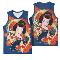 Japanese Geisha Koi Fish Basketball Jersey Cherry Blossoms Blue Seigaiha Pattern LT14 - Polynesian Pride