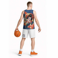 Japanese Geisha Koi Fish Basketball Jersey Cherry Blossoms Blue Seigaiha Pattern LT14 - Polynesian Pride
