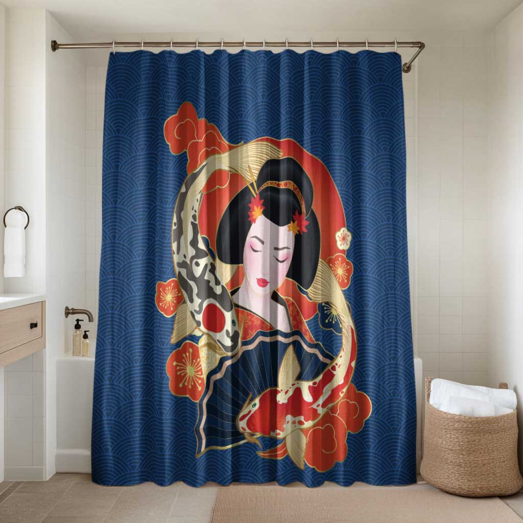 Japanese Geisha Koi Fish Bathroom Set Cherry Blossoms Blue Seigaiha Pattern - Polynesian Pride