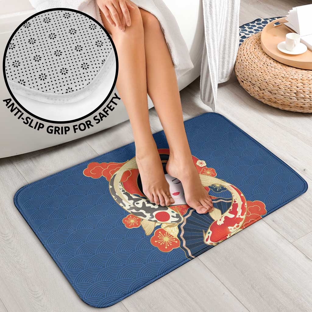 Japanese Geisha Koi Fish Bathroom Set Cherry Blossoms Blue Seigaiha Pattern - Polynesian Pride