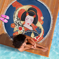 Japanese Geisha Koi Fish Beach Blanket Cherry Blossoms Blue Seigaiha Pattern - Polynesian Pride