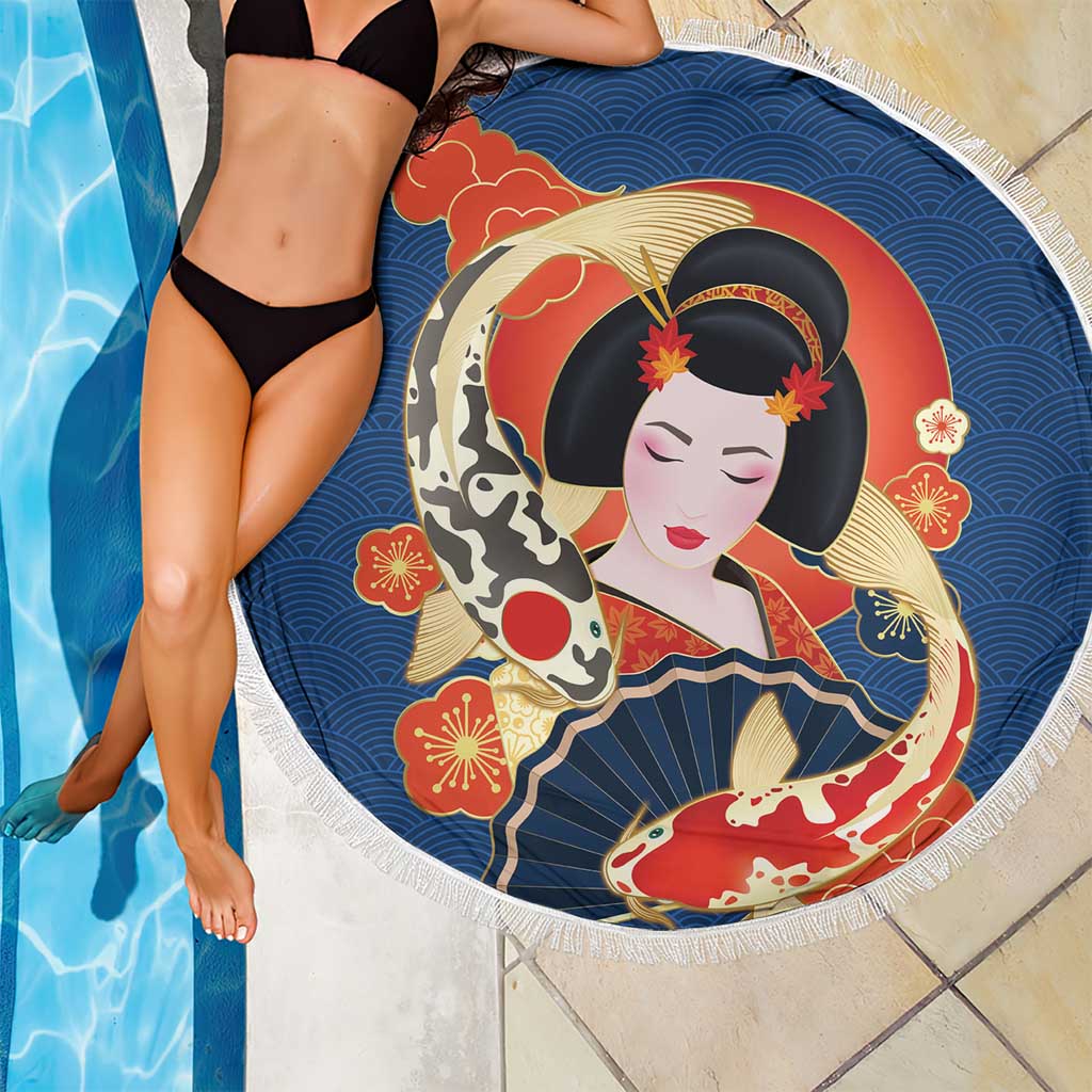 Japanese Geisha Koi Fish Beach Blanket Cherry Blossoms Blue Seigaiha Pattern - Polynesian Pride