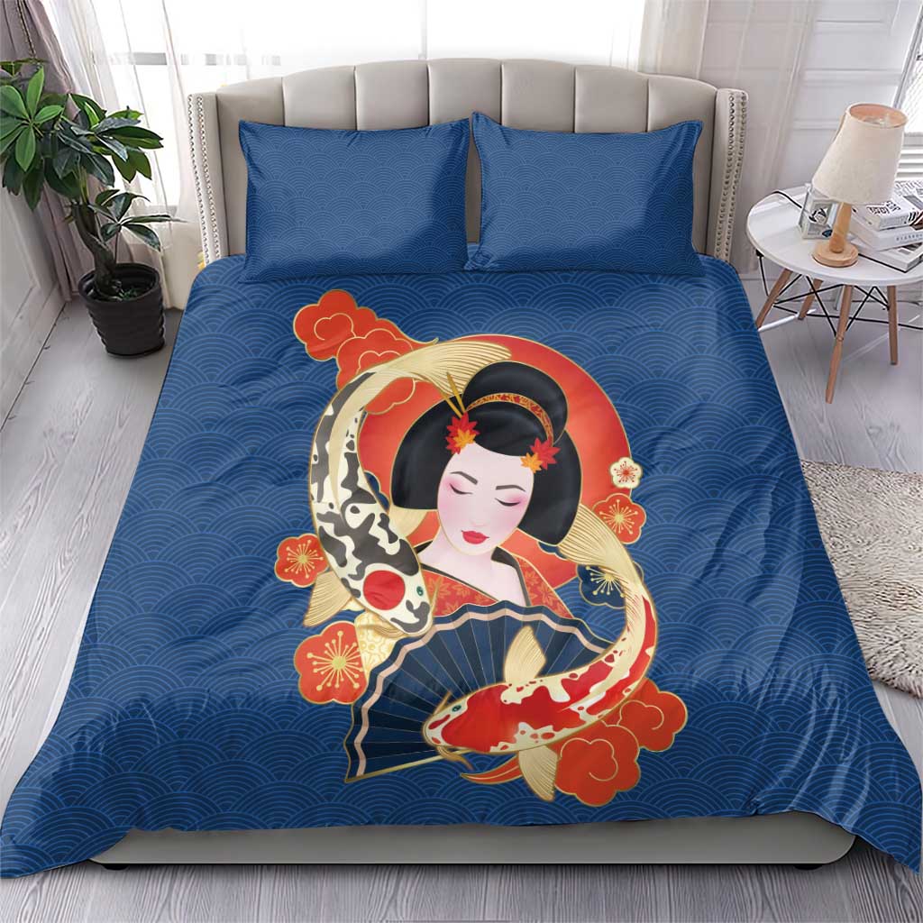 Japanese Geisha Koi Fish Bedding Set Cherry Blossoms Blue Seigaiha Pattern - Polynesian Pride
