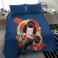 Japanese Geisha Koi Fish Bedding Set Cherry Blossoms Blue Seigaiha Pattern - Polynesian Pride