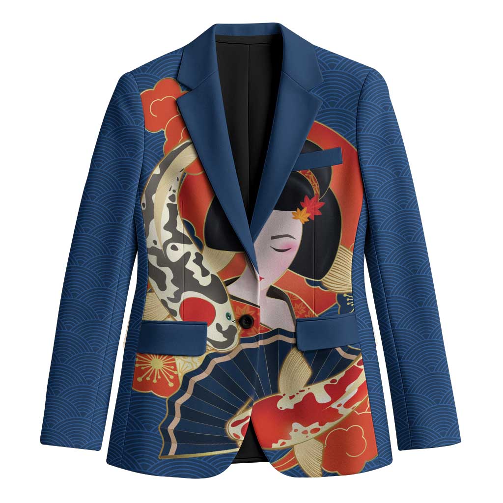 Japanese Geisha Koi Fish Blazer Cherry Blossoms Blue Seigaiha Pattern - Polynesian Pride