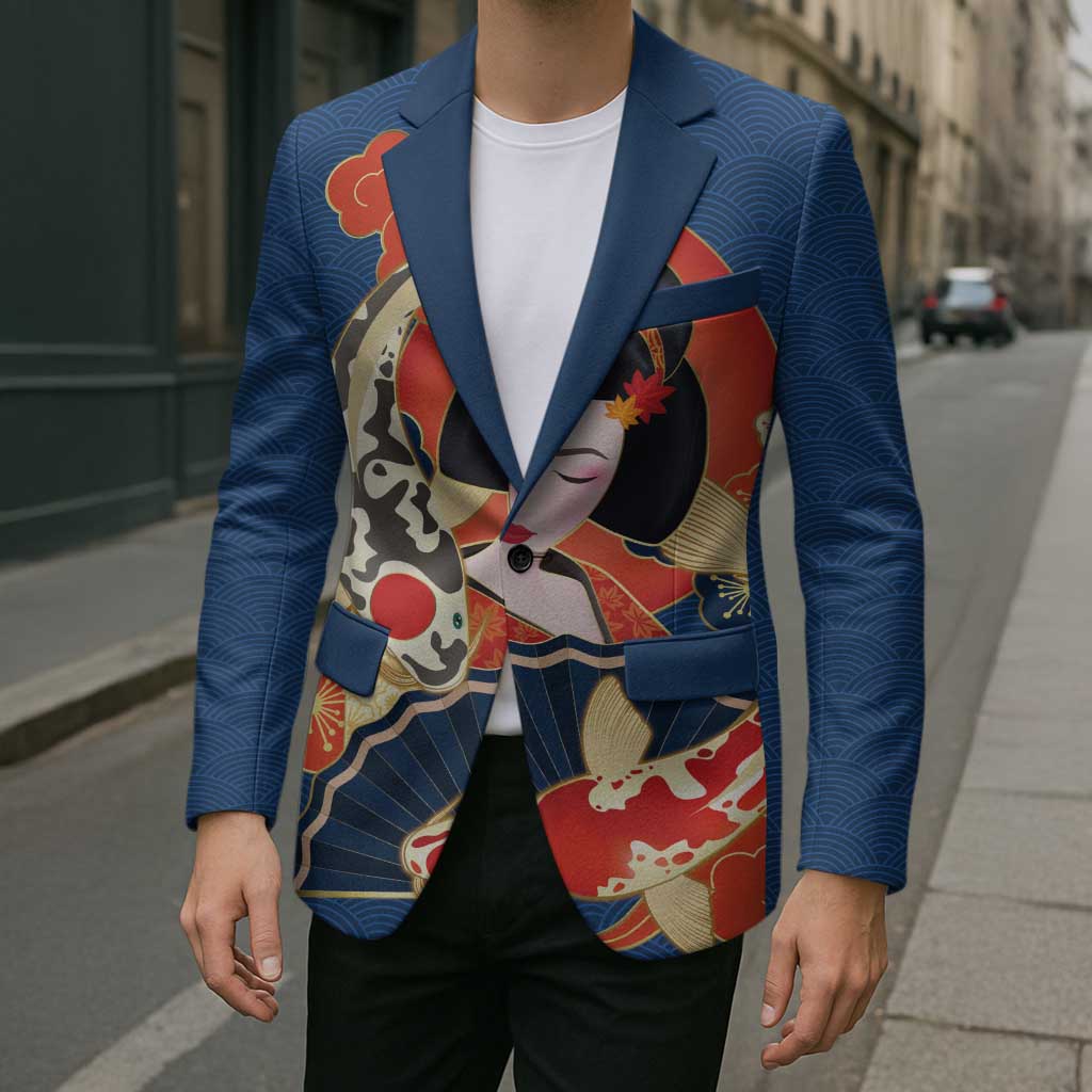 Japanese Geisha Koi Fish Blazer Cherry Blossoms Blue Seigaiha Pattern - Polynesian Pride