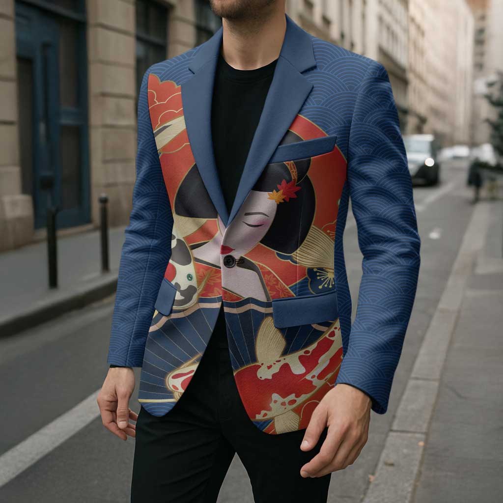 Japanese Geisha Koi Fish Blazer Cherry Blossoms Blue Seigaiha Pattern - Polynesian Pride