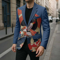 Japanese Geisha Koi Fish Blazer Cherry Blossoms Blue Seigaiha Pattern - Polynesian Pride