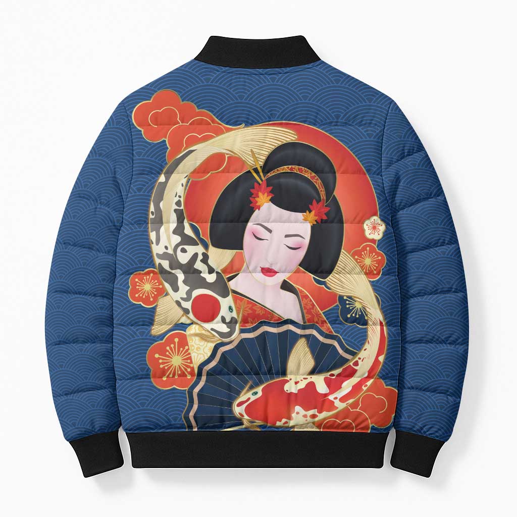 Japanese Geisha Koi Fish Bomber Puffer Jacket Cherry Blossoms Blue Seigaiha Pattern - Polynesian Pride