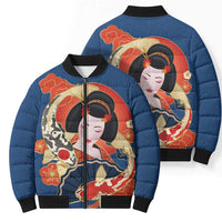 Japanese Geisha Koi Fish Bomber Puffer Jacket Cherry Blossoms Blue Seigaiha Pattern - Polynesian Pride