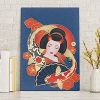 Japanese Geisha Koi Fish Canvas Wall Art Cherry Blossoms Blue Seigaiha Pattern - Polynesian Pride