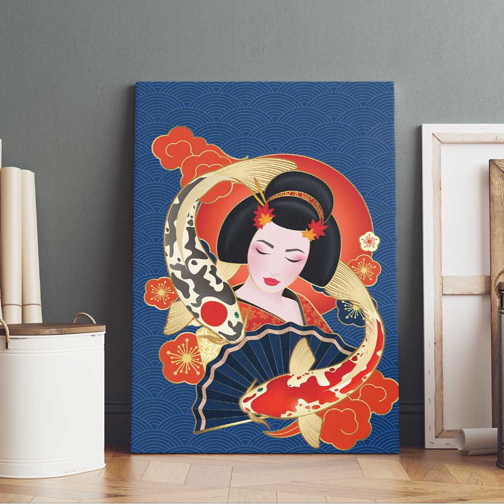 Japanese Geisha Koi Fish Canvas Wall Art Cherry Blossoms Blue Seigaiha Pattern - Polynesian Pride