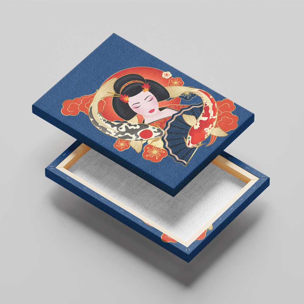 Japanese Geisha Koi Fish Canvas Wall Art Cherry Blossoms Blue Seigaiha Pattern - Polynesian Pride